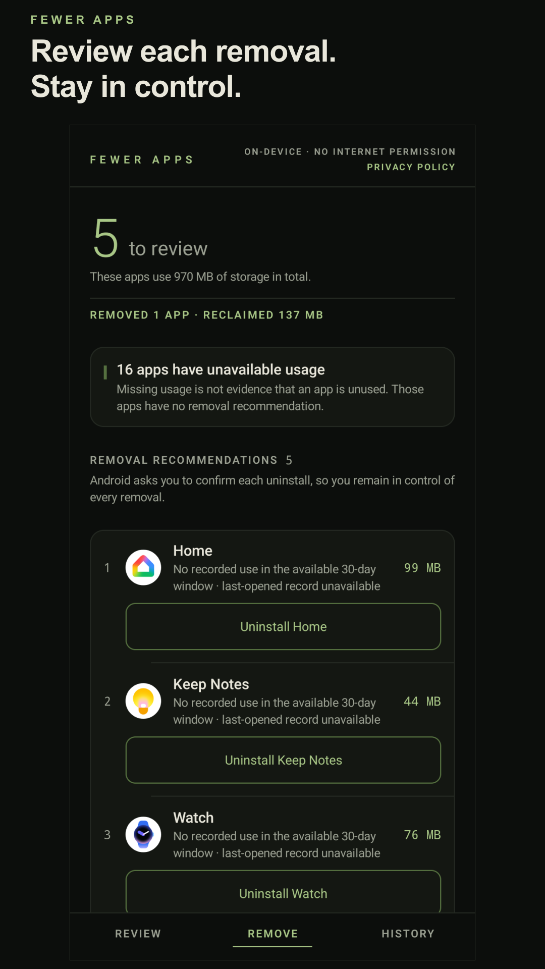 Fewer Apps Remove screen showing Home, Keep Notes and Watch recommendations, an unavailable-usage notice, and individual uninstall buttons.
